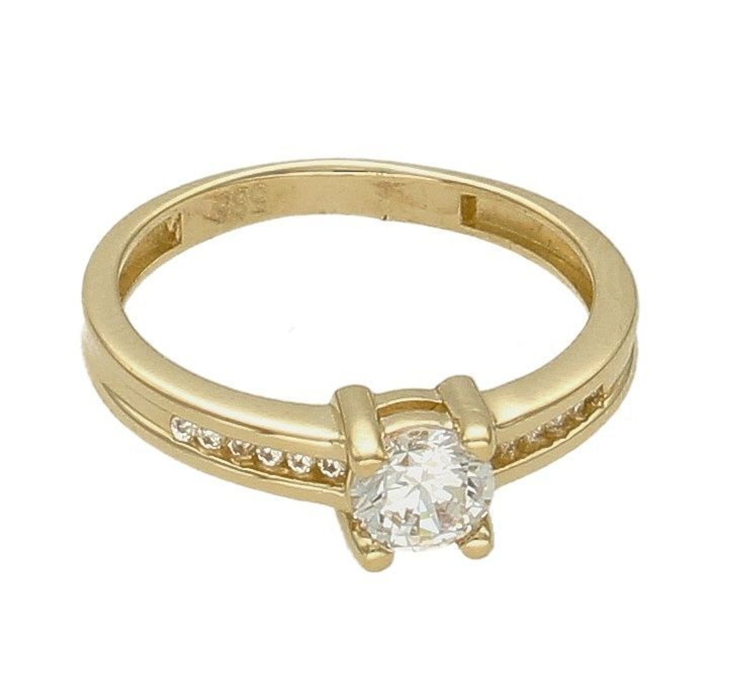 Złoty pierścionek 585 z cyrkonią zaręczynowy PI 6104. Złoty pierścionek klasyczny. Złoty pierścionek damski. Złoty pierścionek z cyrkonią. Złoty pierścionek wysadzany cyrkon.jpg